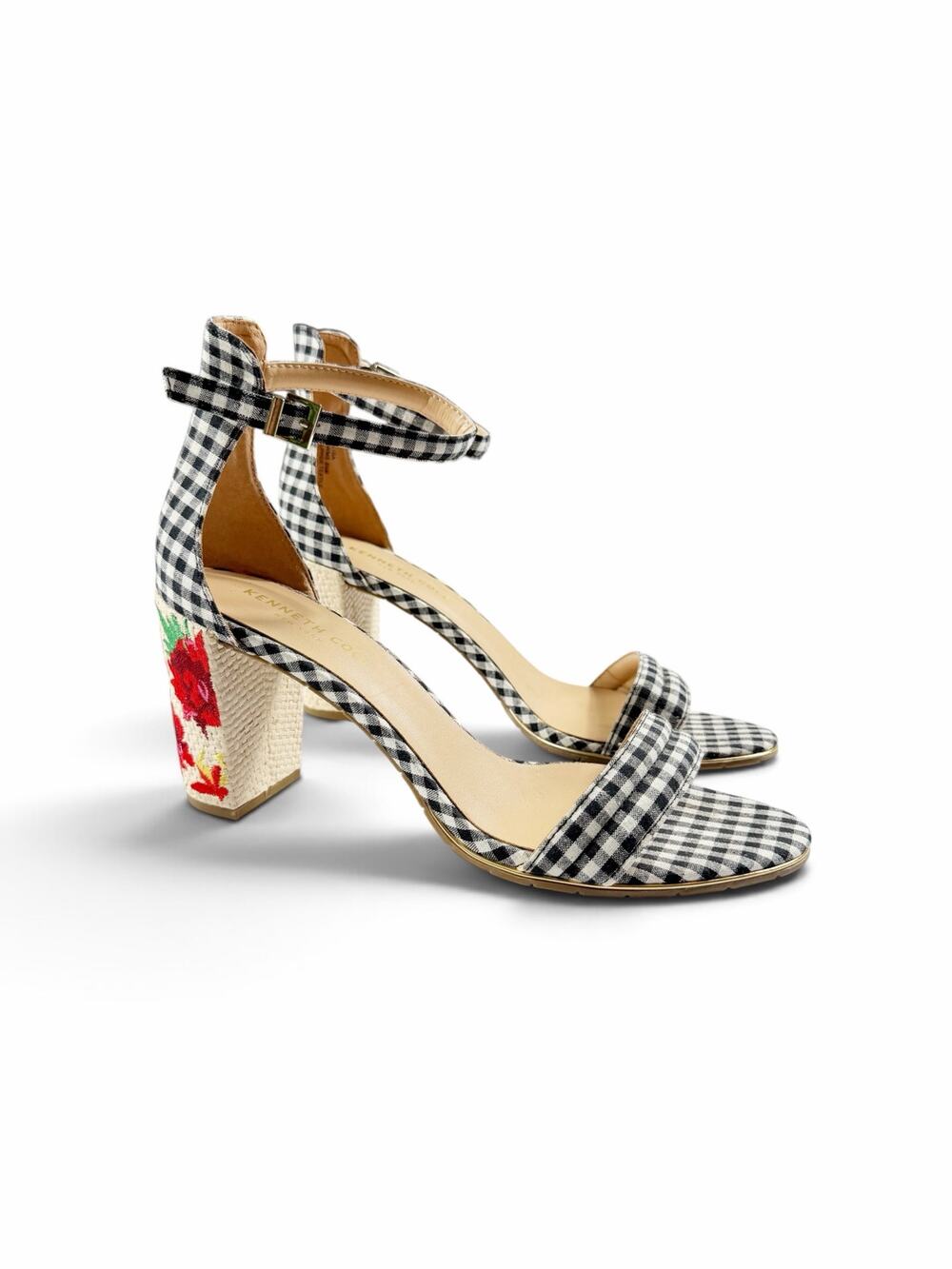 Kenneth Cole Lisa Gingham Floral Embroidered Block Heel Sandals Size 8.5